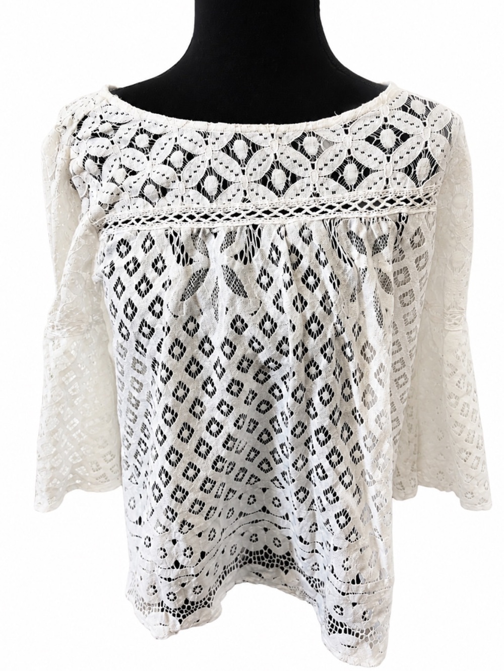 Fig & Flower White Crochet Lace Bell Sleeve Boho Top PM